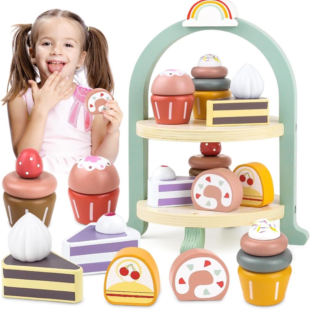 Wooden Cake Toys Tea Party Set, Desserts Food Toy with Cupcake Stand